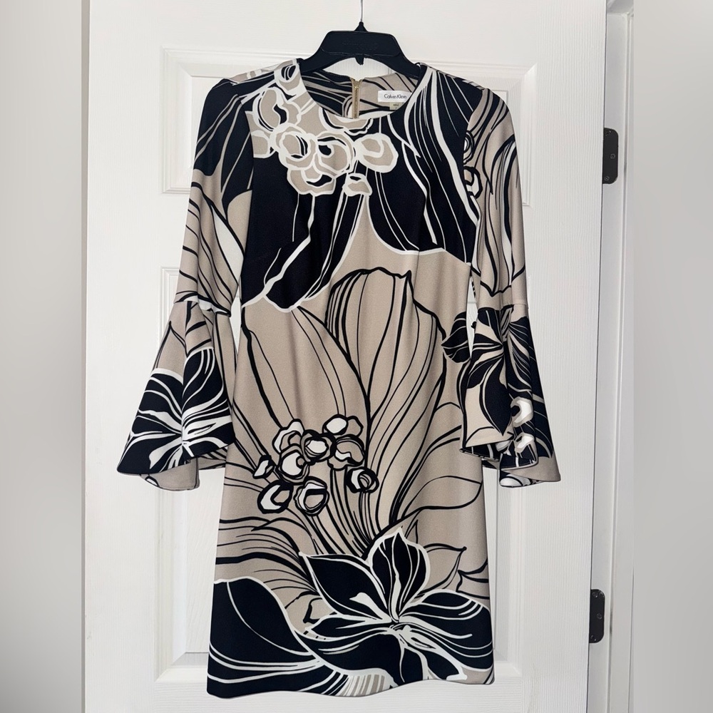 Calvin Klein Black and Cream Floral Long Sleeve Dress